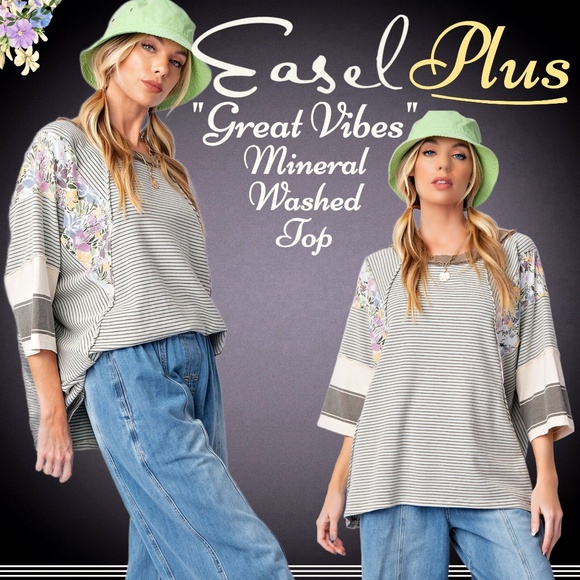 EASEL “Great Vibes” Mixed Print Relaxed & Stretchy Fit Top Defined Seams Details - Picture 1 of 15